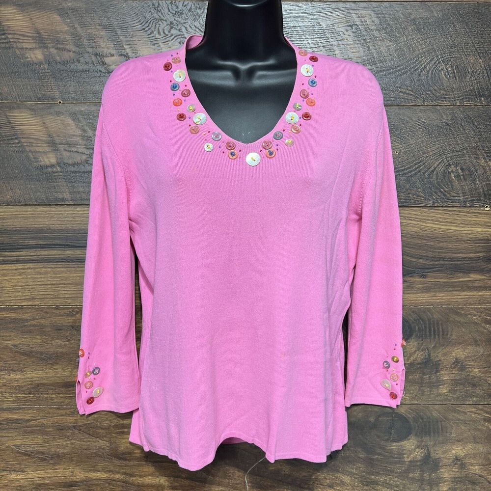 K•K•I•T Vintage Sweater Top‎ Pink Button and Beaded Shirt Long Sleeve Pullover